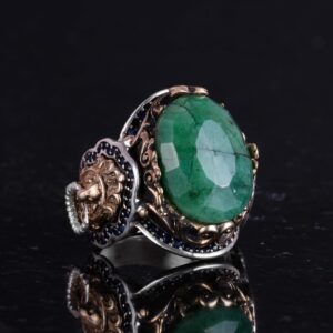 Doğal Zümrüt Taşlı Yüzük, Aslan Sinyal Yüzüğü - 925 Ayar Katkısız Gümüş Yüzük - Görsel 6