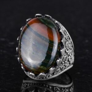 Gerçek Doğal Taş Yüzük - Gül Desenli Yüzük - 925 Ayar Gümüş Yüzük - El Yapımı Büyük Yüzük (Yeşil Kan Taşı) - Görsel 6