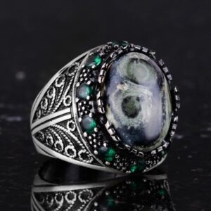 Gerçek Doğal Yeşil Göz Taşı Yüzük - El Yapımı 925 Ayar Gümüş Erkek Takısı - Görsel 5