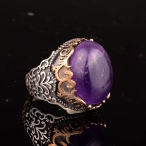 Erkekler için Doğal Ametist Taşlı Yüzük, 925 Ayar Gümüş El Yapımı Vintage Tarzı, Şifa Kristali Takı - Görsel 3