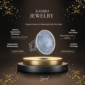 Doğal Akuamarin Taşlı Erkek Yüzük, El Yapımı 925 Ayar Gümüş Takı - Sakinlik, Koruma ve Maneviyat Sembolü - Görsel 2