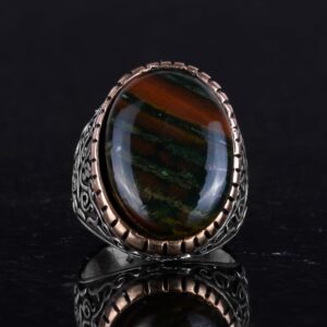 Doğal Yeşil Kan Taşı Erkek Yüzüğü, 925 Ayar Sert Gümüş Yüzük, Tasarım Gümüş Erkek Yüzüğü - Görsel 3