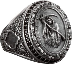 Kafatası Yüzük ile Azrail Tasarımı - 925 Ayar Gümüş Yüzük - El Yapımı Gotik Takı - Görsel 1