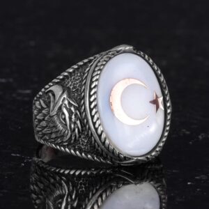 Erkekler için Ay Yıldız Kartal Yüzüğü - 925 Ayar Gümüş Yüzük Doğal sedef Taşlı- Hilal ve Yıldız Tasarımı - Türk Ay Yıldız Bayrağı Kartal Tasarım Yüzüğü (Beyaz) - Görsel 5