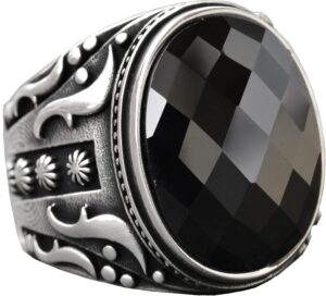 925 Ayar Gümüş Erkek Yüzük, Doğal Siyah Oniks Taşı, Karmaşık Etnik Tasarım, El Yapımı Gümüş Yüzük - Görsel 1