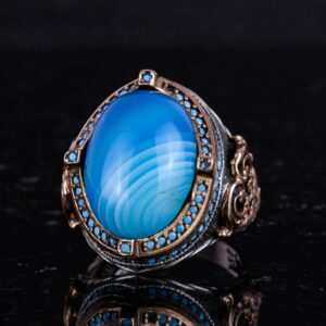 925 Ayar Gümüş Yüzük, Doğal Mavi Akik Taşı ile, El Yapımı Erkek İfadesi Yüzüğü, Vintage Tasarım - Görsel 6