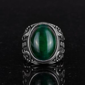 Yeşil Kedi Gözü Yapay Taş Yüzük, 925 Ayar Gümüş Yüzük, Tasarım Gümüş Erkek Yüzüğü - Görsel 2