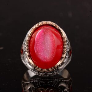 Vintage Erkek 925 Ayar Gümüş Yüzük Druzy Kuvars, Kırmızı - Görsel 5