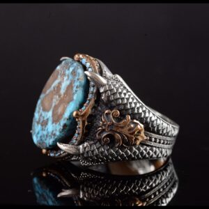Erkekler için Turkuaz Taş Yüzük, 925 Ayar Gümüş El Yapımı Ejderha Ölçeği Tasarım - Görsel 4