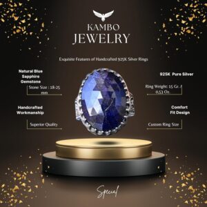 El Yapımı Doğal Safir Taşlı Yüzük, 925 Ayar Gümüş Erkek Yüzüğü - Bilgelik ve Refah Tasarımı - Görsel 2