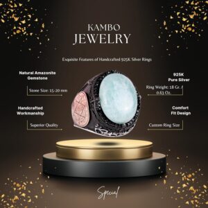 Doğal Cabochon Amazonit Taş Yüzük, Sürekli 925K Katı Gümüş Erkek Yüzüğü - Süleyman Mührü Gümüş Yüzük - Görsel 2
