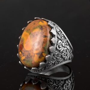 Gerçek Doğal Jasper Taşı Yüzük, Büyük Yüzük, 925 Ayar Gümüş Yüzük Erkekler İçin - Görsel 6