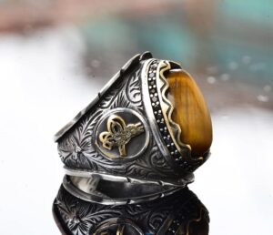 Doğal Kaplan Gözü Taşı ile El Yapımı 925 Ayar Gümüş Erkek Yüzük - Ayrıntılı Osmanlı Mühür Tasarımı - Taş Yüzük - Görsel 4