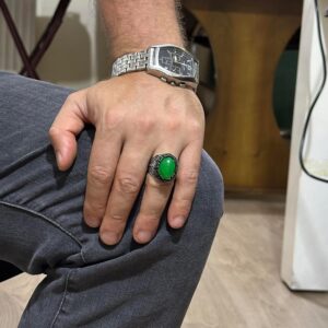 Doğal Yeşim Taşı Yüzük - El Yapımı 925 Ayar Gümüş Erkek Şık Takı - Görsel 3