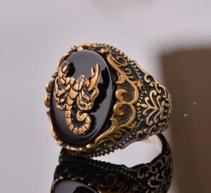 Doğal Obsidan Taş Yüzük - 925 Ayar Gümüş Yüzük - Damga Yüzük (Akrep) - Görsel 4