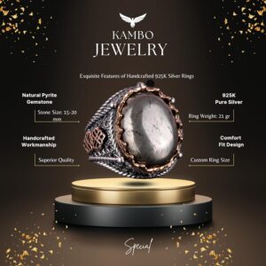 Gerçek Doğal Pirit Taşı Yüzük, 925 Ayar Katı Gümüş Erkek Yüzüğü, Refah Manifestasyonu Tasarımı - Görsel 6