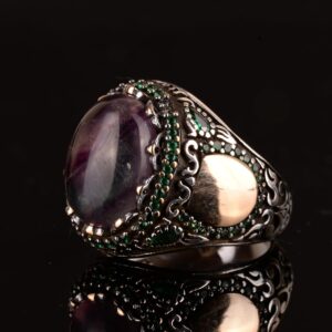 Gerçek Doğal Florit Taşlı Yüzük, Minimalist Yüzük, El Yapımı Yüzük, 925 Ayar Gümüş Yüzük Erkekler İçin - Görsel 5