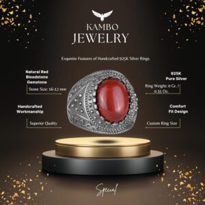 Gerçek Doğal Taş Yüzük, 925 Ayar Katı Gümüş Erkek Yüzüğü (Kırmızı Kan Taşı) - Görsel 2