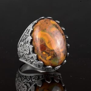 Gerçek Doğal Jasper Taşı Yüzük, Büyük Yüzük, 925 Ayar Gümüş Yüzük Erkekler İçin - Görsel 5