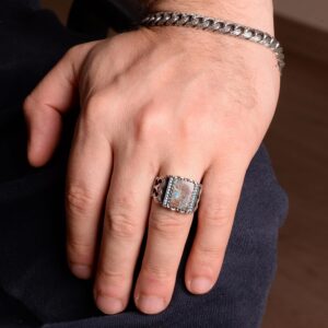 Dikdörtgen Sterlin Gümüş Yüzük, 925 Doğal Arizona Turkuaz Taş Yüzük (Stil-3) - Görsel 6