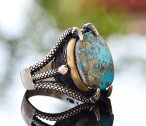 Doğal Arizona Turkuaz Taşlı 925 Ayar Gümüş Pençe Erkek Yüzük - Güç ve Denge Artırıcı - Görsel 4