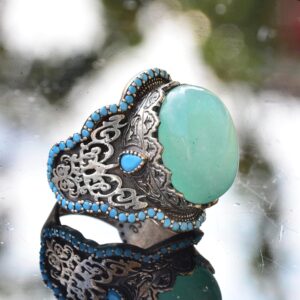 El Yapımı 925 Ayar Gümüş Erkek Yüzük Doğal Taş - Orta Doğu Kültürel Tasarım (Amazonit) - Görsel 3