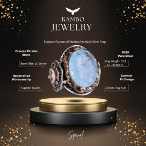 Açık Mavi Paraiba Oluşturulmuş Taş Yüzük, 925 Ayar Gümüş Yüzük, Aslan Sembolü Yüzük - Görsel 2