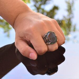 925 Ayar Gümüş Erkek Yüzük, Doğal Akik Taşı ile El Yapımı Vintage Tarzı Gümüş Yüzük - Görsel 7