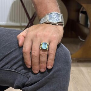 Açık Mavi Yapay Paraiba Taşı Yüzük - 925 Ayar Gümüş El Yapımı Yüzük - Erkek Takısı - Görsel 3