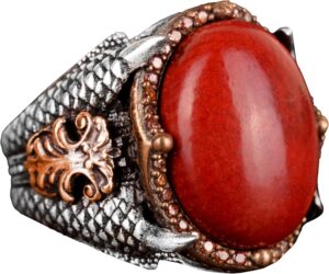 Gerçek Doğal Mercan Taşı Yüzük, Pençe Yüzük El Yapımı Yüzük, 925K Gümüş Yüzük Erkekler İçin - Görsel 1