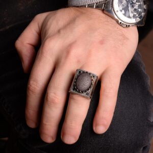 925 Ayar Gümüş Erkek Yüzük, Hematit Taşı, Vintage İslami Tasarım, Oyma Arapça Hat Yazısı - Görsel 6