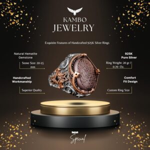 925 Ayar Gümüş Erkek Yüzük, Doğal Hematit Taşı, Vintage İslami Tevhid Tasarımı, Oymalı Hat Sanatı - Görsel 2