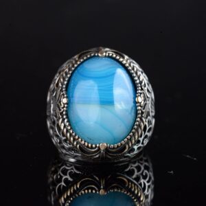 Erkekler için Doğal Mavi Akik Taşı Yüzük, 925 Ayar Gümüş El Yapımı Osmanlı Tarzı, Şifa Kristali Takı - Görsel 6