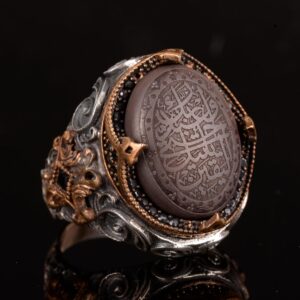 925 Ayar Gümüş Erkek Yüzük – Arapça Hat Sanatlı Dualı Kahverengi Doğal Taşlı Otantik Model - Görsel 4