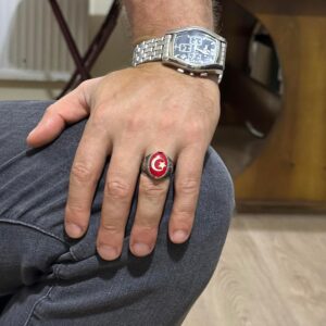 Erkek Ay Yıldız Kartal Yüzük - 925 Ayar Gümüş Yüzük - Hilal ve Yıldız Tasarımı - Türk Ay Yıldız Bayrağı Kartal Tasarım Yüzük (Kırmızı) - Görsel 3