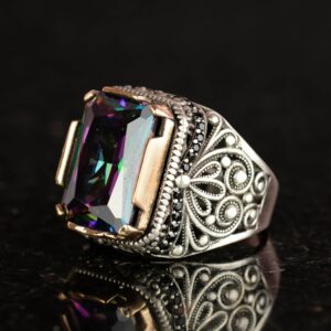 925 Ayar Gümüş Yüzük, Doğal Olmayan Mystic Topaz Taşlı Gümüş Yüzük, Mystic Topaz Gümüş Erkek Yüzük (Özelleştirilebilir) - Görsel 2