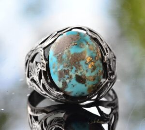 Gerçek Arizona Turkuaz Taş Yüzük, 925 Ayar Gümüş Yaprak Yüzük, Mavi - Görsel 2