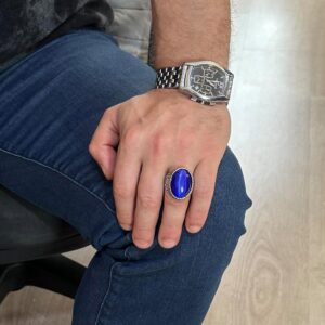 925 Ayar Gümüş Erkek Yüzük, Büyük Yüzük (Koyu Mavi Kedi Göz Oluşturulmuş Taş) - Görsel 2