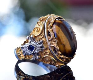 Gerçek Doğal Kaplan Gözü Taşı Yüzük, Ayar Gümüş Erkek Yüzüğü, Altın Kaplama - Görsel 4