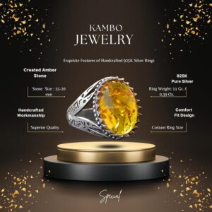 İslami Yüzük, Erkekler için 925K Katı Gümüş Yüzük, Yapay Amber Taşı Yüzüğü - Görsel 2