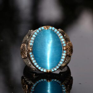 El Yapımı Şahin Pençesi Tasarım Yüzük, Oluşturulmuş Mavi Kedi Gözü Taşı - 925 Ayar Gümüş Erkek Takısı - Görsel 7