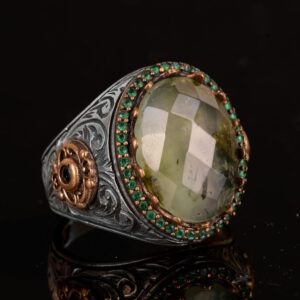 Gerçek Doğal Prehnit Taşı Yüzük, El Yapımı 925 Ayar Gümüş Erkek Yüzük Yeşil Aksanlarla - Görsel 3