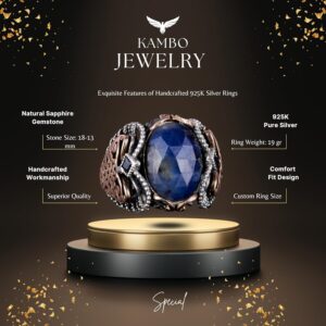 Doğal Mavi Safir Taşlı, 925 Ayar Sert Gümüş Erkek Yüzük - Doğal Taşlarla El Yapımı Zarafet - Görsel 4