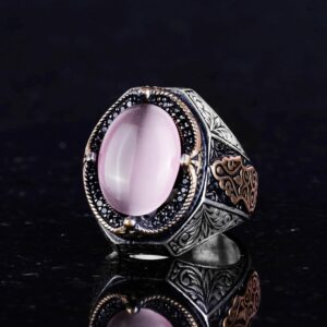925 Ayar Gümüş Yüzük, Pembe Kedi Gözü Oluşturulmuş Taş Yüzük, Tasarım Gümüş Erkek Yüzüğü - Görsel 5