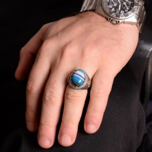 Doğal Mavi Akik Taşı Yüzük, 925 Ayar Gümüş Yüzük, Erkek Yüzüğü - Görsel 3