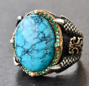 Erkekler için Gümüş Şahin Pençesi Yüzük - Doğal Turkuaz Taşı - Görsel 3