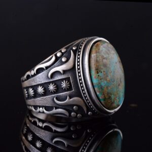 925 Ayar Gümüş Erkek Yüzük - Doğal Arizona Turkuaz Taşı - Vintage Tasarım El Yapımı Takı (Model-3) - Görsel 4