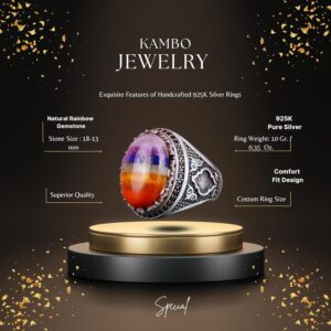 Gümüş Erkek Yüzük, Gökkuşağı 7 farklı Dogal Taş Toplamı Yüzük, Çok Renkli Yüzük - Görsel 2