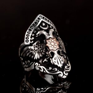 Ayarlanabilir 925 Ayar Gümüş Erkek Başparmak Yüzüğü - İkili Kartal ve Okçuluk Tasarımı - Görsel 4