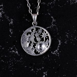 925 Ayar Gümüş Güneş ve Ay Kolye, El Yapımı Göksel Kolye - Görsel 4